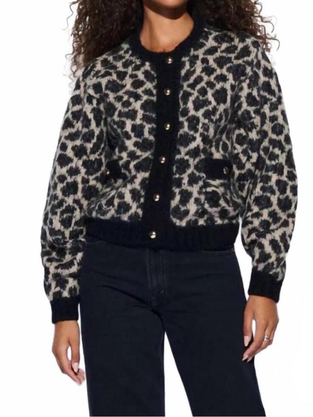 Nation LTD Tessa Jacquard Cardigan Animal Print Alpaca Sweater Tan Black small